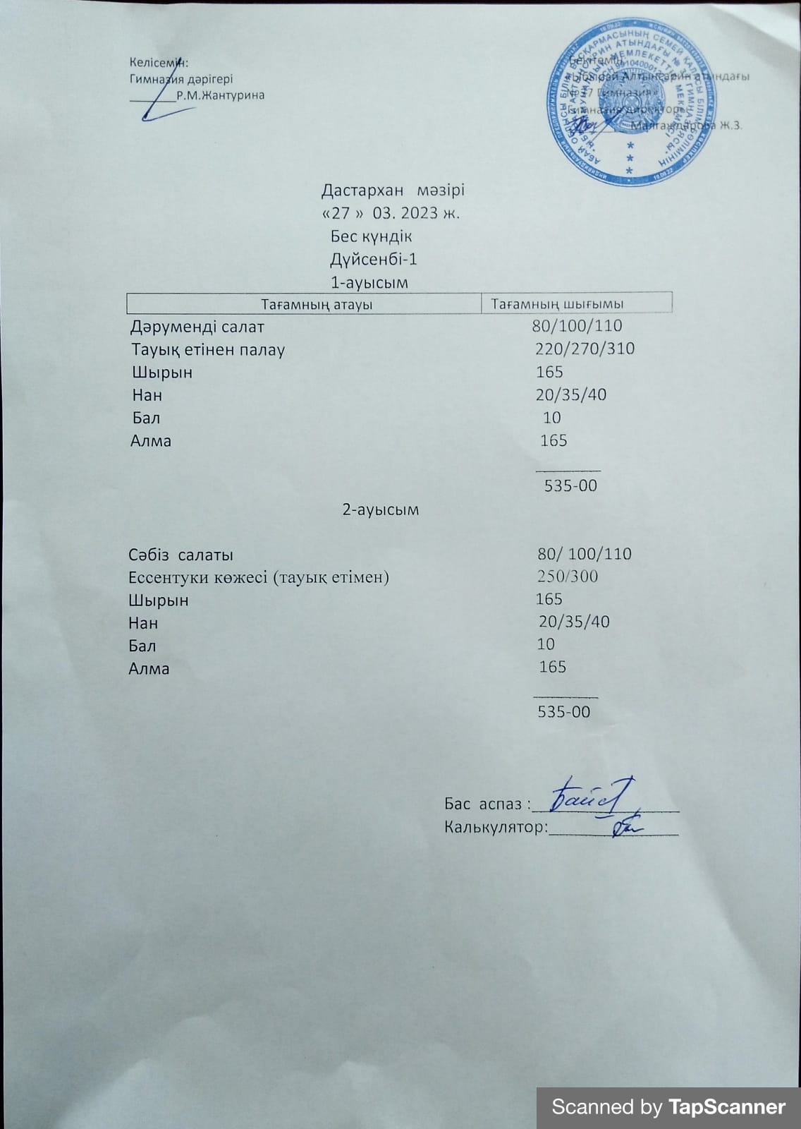 Әлеуметтік көмек алатын балардың бір апталық дастархан мәзірі