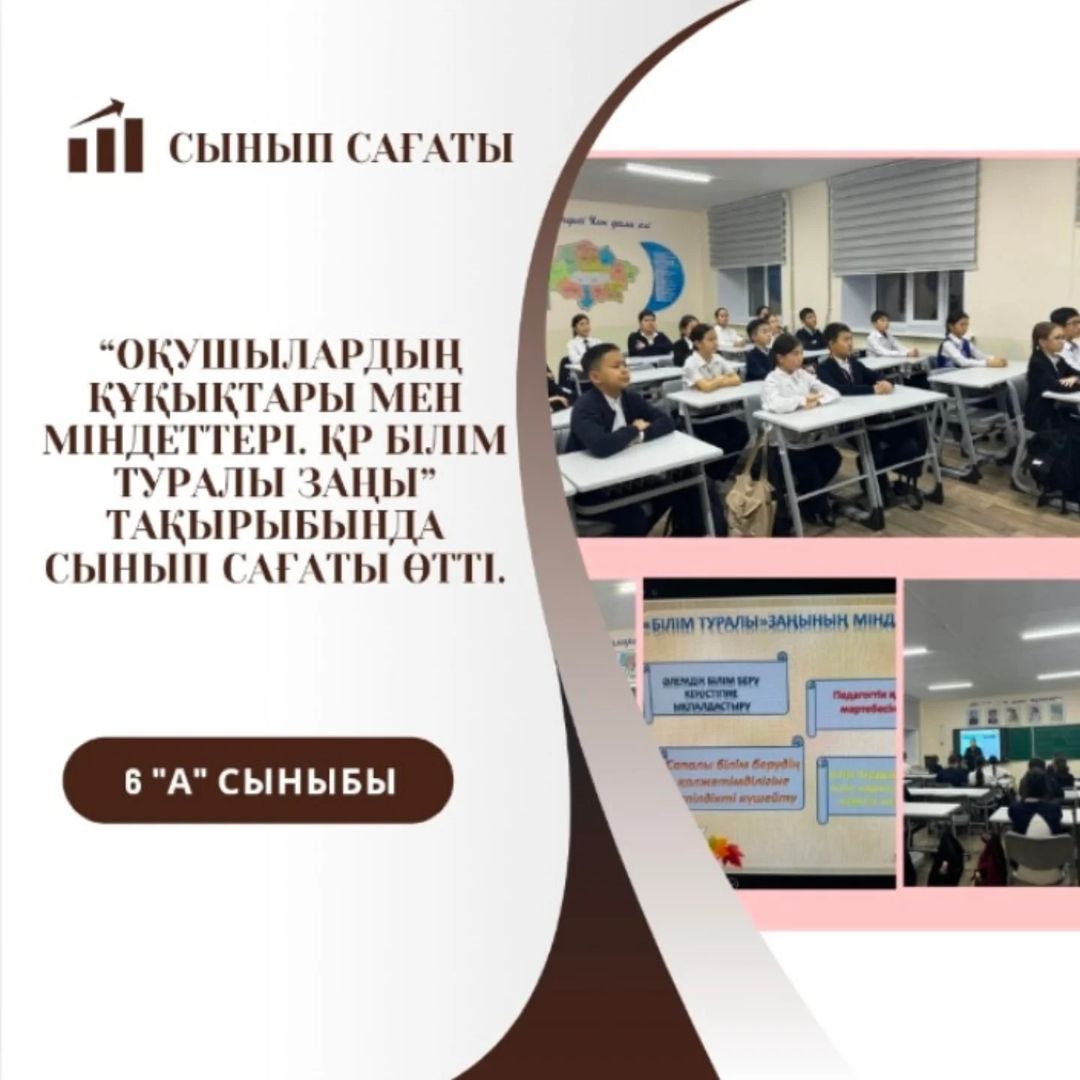 18.11.2024ж 6 “А” сыныбында “Оқушылардың құқықтары мен міндеттері. ҚР Білім туралы заңы” тақырыбында сынып сағаты өтті.