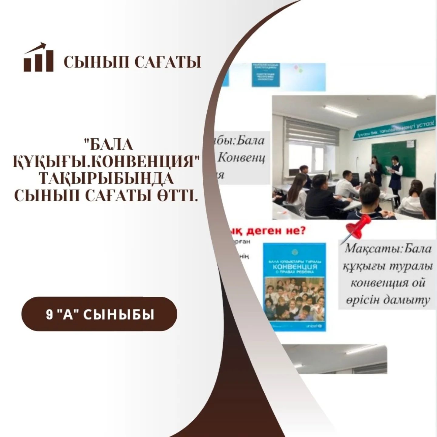 18.11.24 күні 9-А сыныбында "Бала құқығы.Конвенция" тақырыбында сынып сағаты өтті.Сынып сағатының мақсаты:Бала құқығы туралы конвенция ой өрісін дамыту.