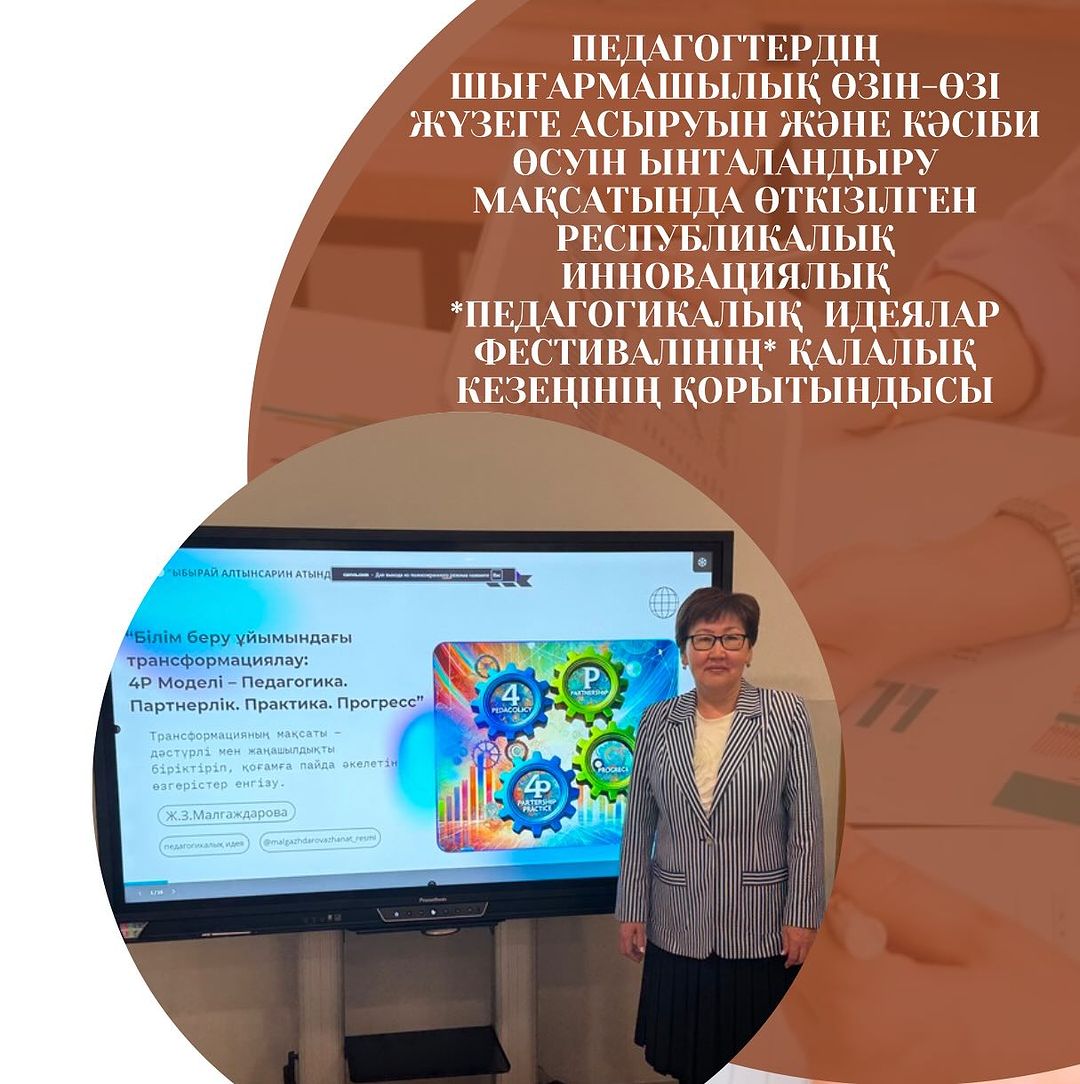 Педагогтердің шығармашылық өзін-өзі жүзеге асыруын және кәсіби өсуін ынталандыру мақсатында өткізілген Республикалық инновациялық *Педагогикалық идеялар Фестивалінің* қалалық кезеңінде: